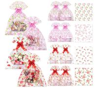 Gueevin 12 Sets Happy Mother's Day Empty Gift Baskets, 12 Cardboard Market Trays to Fill 12 Flowers Cellophane Bags 12 Pull Bows, DIY Gift Wrapping for Mother's Day Birthday Party