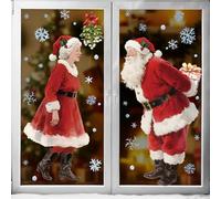 Gueevin 2 Sheets 3.3ft Extra Large Kissing Santa & Mrs. Claus Under The Mistle Window Clings with Snowflakes Watercolor Rustic Xmas Couple Stickers Decals for Home Office Winter Holiday Party Decor