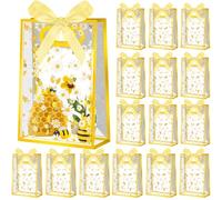 Gueevin 24 Pcs Bee Gift Bags with Ribbon Honey Bee Clear Plastic Gifts Bags with Handle Daisy Reusable Gift Wrap Tote Bag for Spring Summer Birthday Party Supplies