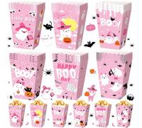 Gueevin 24 Pcs Halloween Popcorn Boxes Pink Ghost Treat Boxes Candy Cookie Holder Container for Halloween Party Favors Supplies Decorations