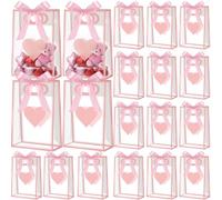 Gueevin 24 Pcs Valentine's Day Heart Gift Bags with Ribbon Valentines Clear Plastic Gifts Bags with Handles Reusable Gift Wrap Tote Bag for Wedding Bridal Birthday Party (Pink)