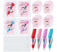 Gueevin 24 Sets Valentine's Day Ballpoint Pens and Greeting Cards, 4-in-1 Multicolor Rose Pens Card with Bags Valentines Party Favor for School Classroom Stationery Exchange Gift Prizes