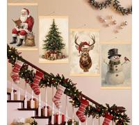 Gueevin 4 Pcs Vintage Christmas Wall Art Poster Merry Christmas Wall Decor with Wood Poster Hanger Set Classic Santa Reindeer Xmas Tree Snowman Hanging Prints for Home Decoration 12 x 18 Inch