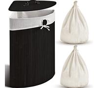 Gueevin Bamboo Laundry Hamper with Lid, Triangular Arc Design, Black, 14 x 14 x 24 inches, 6 Liters, Space-Saving, Contemporary, Modern, Solid, Handle, Floor Mount, Bedroom, Bathroom, Laundry Room