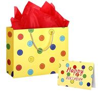 Gueevin Cartoon Cat 13" Large Happy Birthday Gift Bag with Red Tissue Paper and Greeting Card Funny Cat Gift Bag Blue Yellow Green Orange for Birthday Party Decorations