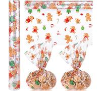 Gueevin Christmas Cellophane Wrap Roll Gingerbread Cellophane Roll 100 ft x 16 Inch 2.5 Mil Holiday Wrapping Paper Santa Snowman Cellophanes Bags Gift Wrap for Christmas Treats (gingerbread Man)