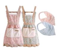 Guegine 2 PCS Floral Kitchen Apron with Pockets and 2 Floral Hair Scarf,Wrap Around Aprons 1940 Style,Flower Vintage Apron,Adjustable Size for Cooking,Baking and Gardening,Durable and for Home Use