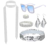 Guegine 70s Disco Accessories,1970s Abb-a Costume Accessories for women with Gradient Blue Mirror Sunglasses,Long Scarf Earrings Bracelet Ring Headband for Disco Theme Party Hippie Costume.