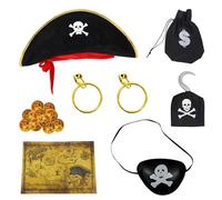 Guegine 8 PCS Pirate Costume Kids, Pirate Accessories with Hat, Eye Patch, Earrings, Cloth Hook, Moneybagg, Telescope, Treasure Map, 10 Gold Coins, Halloween Costume Accessories, for Party Cosplay