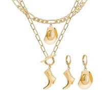 Guegine Cowgirl Cowboy Boot Necklace,Cowboy Earrings,Double Layered Collarbone Chain,Cowgirl Accessories for Women,Alloy Pendant Necklace(Gold)
