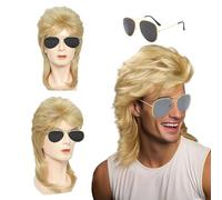 Guegine Mullet Wigs for Men Set,Mullet 80s Long Curly Wig Men with Gold Frame Black Lens Sunglasses for Adult Carnival Halloween Costume Party (Light Gold)