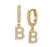 GUEMER Gold Initial Earring 14K Gold Plated Dainty Tiny Diamond Cubic Zirconia Inlay Alphabet Letter Name A To Z Charm Drop Dangle Huggie Hoop Earrings Delicate Jewelry
