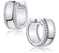 GUEMER White Gold Chunky Huggie Hoop Earrings 18K Gold Plated Dainty Thick Round Ear Cute Small Sleeper Mini Huggie Earring Tiny Minimalist Wide CZ Hoop Earrings Women Everyday Earrings