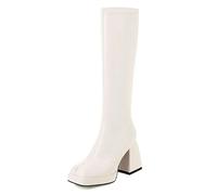 Gueploer High Heel Long Boots for Women, Square Toe Chunky Heels Under The Knee High Boots for Party,White,4 UK