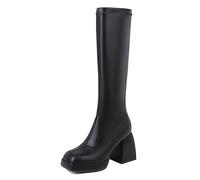 Gueploer High Heel Long Boots for Women, Square Toe Chunky Heels Under The Knee High Boots for Party,Black,3 UK