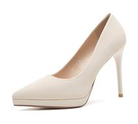 Gueploer High Heels for Women, 10.5Cm Thin Heel Closed Toe Party Pumps for Office, Banquet, Daily Life,Beige,4 UK