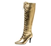 Gueploer High Long Boots, Pointed Front Lacing Women Knee Boots for Party, Daily Life, Work,Gold,5 UK
