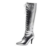 Gueploer High Long Boots, Pointed Front Lacing Women Knee Boots for Party, Daily Life, Work,Silver,8 UK