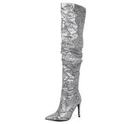 Gueploer Long Boots for Women, Pointed Thin Heels Party Knee High Boots for Fall Daily Life, Banquet, Prom,Silver,8 UK