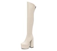 Gueploer Over The Knee Boots, Women Block Heels Platform Stretch High Thigh Boots for Party, Daily Life,Beige,6.5 UK