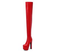 Gueploer Over The Knee Boots,Women Round Toe Chunky Heel Platform High Thigh Boots for Party, Prom, Daily Life,Red,10.5 UK