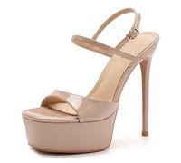 Gueploer Patent Leather Sandals for Women,14Cm Stiletto Platform Summer High Heel for Party Wedding,Nude,3.5 UK