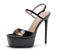 Gueploer Patent Leather Sandals for Women,14Cm Stiletto Platform Summer High Heel for Party Wedding,Black,4 UK