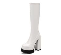 Gueploer Platform High Boots, Women Round Toe Chunky Heel Under The Knee Long Boots with for Party, Daily,White,6.5 UK