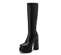 Gueploer Platform High Boots, Women Round Toe Chunky Heel Under The Knee Long Boots with for Party, Daily,Black,3.5 UK