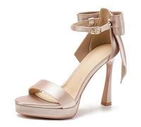 Gueploer Sandals for Women, Round Toe Satin High Heels with Ankle Buckle Summer Party Pumps for Daily Life,A,2.5 UK