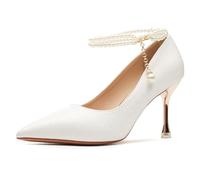 Gueploer Satin High Heels for Women, Closed Toe Stiletto Wedding Pumps with Pearl Ankle Straps for Daily Life, Party,A,3.5 UK