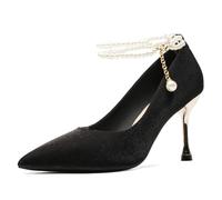 Gueploer Satin High Heels for Women, Closed Toe Stiletto Wedding Pumps with Pearl Ankle Straps for Daily Life, Party,C,2 UK