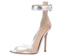 Gueploer Silver Heeled Sandals for Women,Open Toe High Heel with Clear Strap, Adjustable Ankle Buckle Dress Pumps for Party Wedding,Silver,6 UK