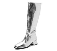 Gueploer Women High Boots Block Heel Side Zip Under The Knee Boots for Daily Life,Silver,5 UK