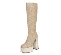 Gueploer Women High Boots Glitter Chunky Heels Party Long Boot for Daily Life Gold