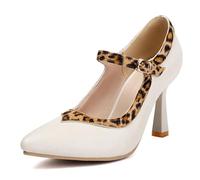Gueploer Women High Heels, Pointed Thin Heels Dress Pumps with Leopard Print Straps for Daily, Work, Party,White,44