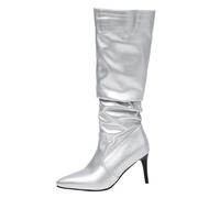 Gueploer Women Long Boots, 7.5Cm Thin Heels Pointed High Knee Boots for Party, Prom, Daily Life,Silver,12 UK