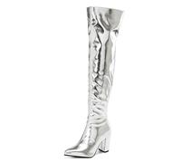 Gueploer Women Over The Knee Boots Pointed Block Heels Thigh Boots for Party, Daily,Silver,2.5 UK