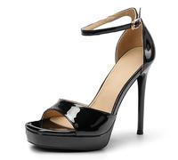 Gueploer Women Sandals, Patent Leather High Heels 12Cm Stiletto Open Toe Summer Pumps for Daily Life, Party,Black,2 UK