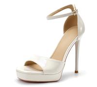 Gueploer Women Sandals, Patent Leather High Heels 12Cm Stiletto Open Toe Summer Pumps for Daily Life, Party,White,2 UK