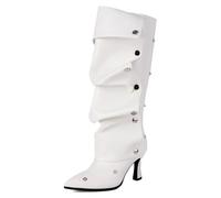 Gueploer Women's High Boots, Pointed Thin Heels PU Under The Knee Long Boots for Party, Banquet, Daily Life,White,8 UK