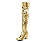 Gueploer Women's Over The Knee Boots, Pointed Chunky Heel High Thigh Boots with Side Zipper for Party, Daily,Gold,9 UK