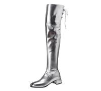 Gueploer Women's Over The Knee Boots, Round Toe Block Heels Thigh Long Boot with Side Zipper for Party Wedding,Silver,3.5 UK