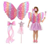 Guerity 3pcs Fairy Costume Set for Girls Aged 2-5, Pink Butterfly Wing Fairy Wings Star Wands Bow Hair Clip Hairband, Magical Princess Outfit for Parties, Roleplay & Halloween (Pink)