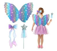 Guerity 3pcs Fairy Costume Set for Girls Aged 2-5, Pink Butterfly Wing Fairy Wings Star Wands Bow Hair Clip Hairband, Magical Princess Outfit for Parties, Roleplay & Halloween (Blue)