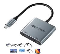 Guermok 4-in-1 Dual USB-C Display Hub, 4K@60Hz Video Output, PD 100W Input & USB 3.0 5Gbps, Compatible with AR Glasses, Switch 2, Laptops, Portable Monitors & Type-C Displays（Silver）