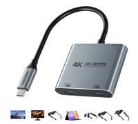 Guermok 4-in-1 Dual USB-C Display Hub, 4K@60Hz Video, PD 100W Fast Charging & USB 3.0 5Gbps, Compatible with AR Glasses, Switch 2, Laptops, Portable Monitors & Type-C Displays（Gray）