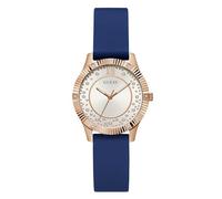Guess 34mm Ladies Watch - Blue Silicone Strap, White Dial, Rose Gold Tone Case
