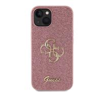 Guess Case for iPhone 15 Glitter with Metal Logo, Pink