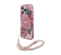 Guess Case IML Flowers with Pearl Strap MagSafe Pink - iPhone 16 Pro Max